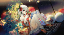 Rule 34 | 1girl, :o, absurdres, ass, ball, box, chiyuu (virtuareal), christmas, christmas star, christmas tree, commission, dark background, detached sleeves, dress, dutch angle, flower, frilled dress, frills, full body, fur-trimmed dress, fur-trimmed footwear, fur-trimmed sleeves, fur trim, gift, gift box, hair flower, hair ornament, high heels, highres, holding, holding gift, knees up, long hair, looking at viewer, neck ribbon, nijisanji, on floor, red dress, red eyes, red flower, red ribbon, ribbon, santa costume, second-party source, sitting, solo, spider lily, star (sky), thighhighs, virtual youtuber, virtuareal, white hair, white thighhighs, wide sleeves