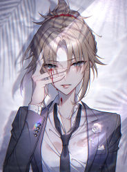 Rule 34 | 1girl, absurdres, alternate costume, bambi-25, black jacket, black necktie, blonde hair, blood, bloody tears, collared shirt, fate/grand order, fate (series), flower, formal, grey background, hair ornament, hair scrunchie, hand up, highres, jacket, long sleeves, medium hair, mordred (fate), necktie, open clothes, open jacket, ponytail, red scrunchie, scrunchie, shirt, solo, upper body, white flower