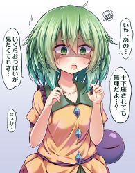 Rule 34 | 1girl, adapted costume, blouse, breasts, collarbone, collared shirt, commentary request, eyeball, gradient background, green eyes, green hair, hair between eyes, highres, koishi day, komeiji koishi, medium hair, open mouth, puffy short sleeves, puffy sleeves, shaded face, shirt, short sleeves, simple background, siw0n, small breasts, solo, speech bubble, third eye, touhou, translation request, yellow shirt