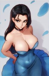 Rule 34 | 1girl, ai-assisted, bare shoulders, black choker, black hair, blue dress, breasts, choker, closed mouth, collarbone, covered navel, dress, frown, grey background, highres, large breasts, long hair, looking at viewer, nico robin, off-shoulder dress, off shoulder, one piece, one piece treasure cruise, petals, shiny skin, skindentation, solo, vcais