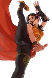 Rule 34 | 1girl, black eyes, black hair, black pantyhose, blunt bangs, breasts, commentary, english commentary, fighting stance, fingerless gloves, from below, gloves, halogenkn, highres, ling xiaoyu, looking away, medium breasts, open mouth, pantyhose, simple background, single glove, solo, tekken, tekken 7, white background