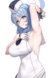 Rule 34 | 1girl, ako (blue archive), armpits, black necktie, blue archive, blue hair, blue halo, blush, breasts, clenched teeth, collared dress, cuffs, dress, garrison cap, gloves, half gloves, halo, hat, large breasts, medium hair, necktie, pensuke, shackles, simple background, sleeveless, sleeveless dress, solo, teeth, utnapishtim operator uniform (blue archive), white background, white dress, white gloves