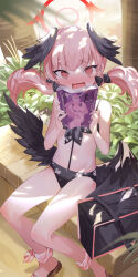 Rule 34 | 1girl, @ @, bikini, black bikini, black bow, black wings, blue archive, blush, bow, embarrassed, feathered wings, flat chest, floral print, front-tie bikini top, front-tie top, fuyouchu, halo, head wings, highres, holding, holding manga, koharu (blue archive), koharu (swimsuit) (blue archive), long hair, looking at viewer, low twintails, low wings, manga (object), nose blush, official alternate costume, pink eyes, pink hair, print bikini, sitting, solo, swimsuit, twintails, wavy mouth, wings