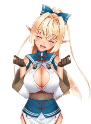 Rule 34 | 1girl, bare shoulders, black gloves, blonde hair, breasts, cleavage, cleavage cutout, closed eyes, clothing cutout, dark-skinned female, dark skin, elf, gloves, hair ornament, highres, hololive, large breasts, neruhi, open mouth, partially fingerless gloves, pointy ears, shiranui flare, shiranui flare (old design), solo, teeth, tongue, upper teeth only, virtual youtuber, white background