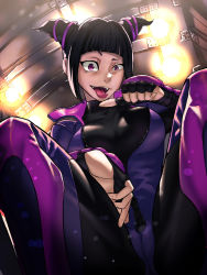 Rule 34 | 1girl, antarctic bear, artist request, black bodysuit, black hair, blunt bangs, bodysuit, breasts, cameltoe, fingerless gloves, from above, gloves, han juri, indoors, looking at viewer, medium breasts, open mouth, pointing, pointing at viewer, pov, purple eyes, raised eyebrow, short hair, short twintails, skin tight, solo, squatting, street fighter, street fighter v, tongue, tongue out, twintails, unzipped, you gonna get raped