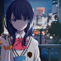 Rule 34 | 10s, 1girl, black hair, blue eyes, bow, cardigan, city, collared shirt, earbuds, earphones, expressionless, gridman universe, long hair, looking at viewer, night, orange scrunchie, parted lips, photo background, red bow, ringed eyes, school uniform, scrunchie, shirt, solo, ssss.gridman, takarada rikka, upper body, white cardigan, white shirt, wrist scrunchie, xiujia yihuizi