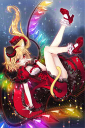 Rule 34 | 1girl, animal ears, bare legs, blonde hair, bobby socks, bow, breasts, cat ears, cat tail, collarbone, dress, eyebrows, fang, finger to mouth, fingernails, flandre scarlet, frilled dress, frills, gothic lolita, hairband, hat, high heels, highres, lace, lace-trimmed dress, lace trim, legs up, lolita fashion, long hair, mary janes, mini hat, nail polish, panties, pantyshot, puffy short sleeves, puffy sleeves, red bow, red dress, red eyes, red footwear, red hairband, shoes, short sleeves, side ponytail, small breasts, socks, solo, spinel (9057), tail, touhou, underbust, underwear, white panties, white socks, wings, wristband