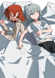 Rule 34 | 2girls, aged down, black pants, child, closed eyes, closed mouth, commentary, drooling, from above, grey hair, grey shirt, highres, long sleeves, medium hair, molu stranger, multiple girls, on bed, open mouth, pajamas, pants, pillow, red hair, reverse:1999, shirt, short sleeves, sleeping, sonetto (reverse:1999), sweatdrop, under covers, vertin (reverse:1999), white shirt
