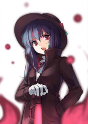 Rule 34 | 1girl, :o, alternate costume, alternate headwear, blue hair, blurry, bow, bowtie, brown coat, brown hat, coat, depth of field, fedora, from below, gloves, gun, hand in pocket, hat, hat ornament, highres, hinanawi tenshi, holding, holding gun, holding weapon, long hair, long sleeves, looking at viewer, looking down, neetsr, open mouth, red bow, red bowtie, red eyes, round teeth, simple background, solo, teeth, touhou, upper body, v-shaped eyebrows, weapon, white background, white gloves