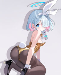 Rule 34 | 1girl, alternate costume, arona (blue archive), ass, black footwear, black pantyhose, blue archive, blue eyes, blue hair, braid, breasts, colored inner hair, commentary request, fake tail, gold leotard, grey background, hairband, halo, hatsuno xxx, high heels, highres, kamin (kamin chuu), leotard, multicolored hair, pantyhose, pink hair, playboy bunny, rabbit tail, short hair, side braid, sideboob, simple background, small breasts, solo, tail, thighband pantyhose, thighs, two-tone hair, white hairband, wrist cuffs