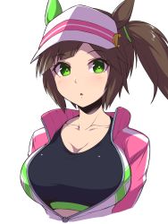 Rule 34 | 1girl, animal ears, blunt bangs, breasts, brown hair, cleavage, collarbone, ear covers, freckles, green eyes, highres, horse ears, horse girl, ines fujin (umamusume), jacket, large breasts, light blush, long hair, partially unzipped, pataneet, side ponytail, simple background, single ear cover, solo, sports bra, umamusume, upper body, visor cap, white background