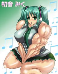Rule 34 | breasts, extreme muscles, green eyes, green hair, hatsune miku, huge breasts, long hair, muscular, necktie, skirt, twintails, vocaloid