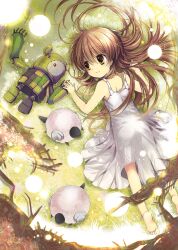 Rule 34 | 1girl, bare arms, barefoot, blush, brown eyes, brown hair, clannad, closed mouth, commentary request, day, dress, foot out of frame, garbage doll, girl from the illusionary world, hair between eyes, hair spread out, highres, holding hands, izumi rei, light particles, long hair, lying, official art, on grass, on stomach, outdoors, robot, smile, soles, solo, sundress, tareme, toes, very long hair, w arms, white dress