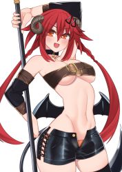 Rule 34 | :d, alternate costume, arm behind back, arm behind head, bare shoulders, belt bra, black shorts, black thighhighs, blush, braid, breasts, cleavage, cowboy shot, cross-laced clothes, cross-laced shorts, demon horns, demon tail, detached sleeves, dura, fang, groin, hair between eyes, hair ornament, hairclip, halloween, halloween costume, highres, holding, holding scythe, holding weapon, horns, large breasts, leaning back, long hair, looking at viewer, midriff, navel, neptune (series), open mouth, orange eyes, orange panties, panties, panty peek, red hair, scythe, shin jigen game neptune vii, shorts, simple background, smile, solo, tail, tennouboshi uzume, thighhighs, twin braids, twintails, underboob, underwear, very long hair, weapon, white background