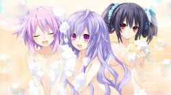 Rule 34 | &gt;:|, 10s, 3girls, :d, :|, ^ ^, alternate hairstyle, bath, bathing, black hair, blurry, blush, breasts, breasts apart, bubble, censored, choujigen game neptune, closed eyes, closed mouth, collarbone, convenient censoring, depth of field, double bun, eyebrows, female focus, flat chest, foam, game cg, groin, hair between eyes, hair bun, hair ornament, hair scrunchie, hair up, happy, hip focus, holding, indoors, jealous, kami jigen game neptune v, leaning forward, light purple hair, long hair, looking at another, looking at viewer, medium breasts, multiple girls, navel, neptune (neptunia), neptune (series), noire (neptunia), nude, official art, open mouth, out-of-frame censoring, purple eyes, purple hair, pururut, red eyes, same-sex bathing, scrunchie, shared bathing, short hair, sidelocks, smile, soap, soap bubbles, soap censor, sponge, steam, tile wall, tiles, tsunako, twintails, upper body, v-shaped eyebrows, v arms, very long hair, washing, washing back, wavy hair, wet