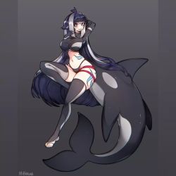 Rule 34 | 1girl, arms behind head, artist name, black background, black hair, breasts, cetacean tail, detached sleeves, feet, fins, fish tail, full body, large breasts, long hair, multicolored hair, mythrunadraw, orca, shylily, tail, tattoo, toeless legwear, two-tone hair, virtual youtuber