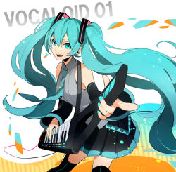 Rule 34 | 1girl, al (arupaka), aqua eyes, aqua hair, aqua nails, bare shoulders, black skirt, black thighhighs, blue eyes, blue hair, breasts, collar, cowboy shot, detached sleeves, female focus, guitar, hatsune miku, holding, holding instrument, instrument, keytar, long hair, long sleeves, looking at viewer, matching hair/eyes, music, nail polish, necktie, open mouth, playing instrument, pleated, pleated skirt, pointing, shirt, skirt, sleeveless, sleeveless shirt, small breasts, smile, solo, standing, strap, string, text focus, thighhighs, tie clip, twintails, very long hair, vocaloid, white background, wire, zettai ryouiki