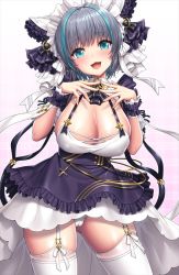Rule 34 | 1girl, :d, aqua eyes, aqua hair, azur lane, breasts, cheshire (azur lane), cleavage, commentary request, garter straps, grey hair, hair ornament, lambda (kusowarota), large breasts, looking at viewer, multicolored hair, open mouth, panties, purple skirt, skirt, smile, solo, thighhighs, two-tone hair, underwear, white panties, white thighhighs, wrist cuffs