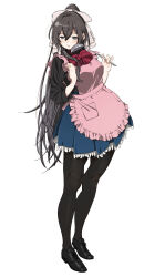 Rule 34 | 1girl, apron, aqua eyes, assault lily, black footwear, black pantyhose, black shirt, blue skirt, bow, bowtie, breasts, brown hair, closed mouth, commentary, cross-laced footwear, frilled apron, frilled skirt, frills, full body, hair between eyes, hair bow, hands up, herensuge girls academy school uniform, high ponytail, highres, holding, holding ladle, ladle, large breasts, light blush, light smile, long hair, long sleeves, looking at viewer, miniskirt, o (ooorrrmm), pantyhose, pink apron, pleated skirt, pocket, ponytail, red bow, red bowtie, school uniform, serizawa chikaru, shirt, shoes, sidelocks, simple background, skirt, solo, standing, very long hair, white background, white bow