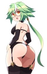Rule 34 | 1girl, absurdres, abysswatchers, animal ears, ass, bare shoulders, blush, bra, breasts, from behind, garter belt, genshin impact, glasses, green hair, highres, long hair, looking at viewer, low ponytail, medium breasts, open mouth, orange eyes, shiny skin, sideboob, solo, sucrose (genshin impact), thighhighs, thong, underwear, very long hair