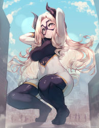 Rule 34 | 1girl, arms behind head, blue sky, bodysuit, boku no hero academia, boots, breasts, city, cityscape, domino mask, giant, giantess, gloves, highres, horns, large breasts, long hair, mask, mount lady, multiple boys, multiple girls, parororo, purple footwear, purple gloves, purple horns, sky, smile, squatting, superhero costume, thighs