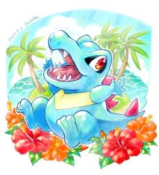 Rule 34 | commentary request, creatures (company), dated, flower, fullmofsuika, game freak, gen 2 pokemon, marker (medium), nintendo, no humans, open mouth, orange flower, outstretched arms, palm tree, pokemon, pokemon (creature), red eyes, red flower, signature, solo, teeth, tongue, totodile, traditional media, tree