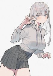 Rule 34 | 1girl, black skirt, blue eyes, blush, breasts, closed mouth, collared shirt, commentary, dated, dress shirt, ear piercing, grey background, grey eyes, grey hair, grey shirt, hair ornament, hairclip, hand up, leaning forward, long hair, long sleeves, medium breasts, mimelond, original, piercing, pleated skirt, puffy long sleeves, puffy sleeves, shirt, simple background, skirt, solo, symbol-only commentary