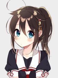 Rule 34 | 10s, 1girl, ahoge, alternate hairstyle, black serafuku, blue eyes, blush, braid, commentary request, hair flaps, hair ornament, hair over shoulder, hair ribbon, hairclip, kantai collection, long hair, looking at viewer, naoto (tulip), neckerchief, ponytail, red neckerchief, ribbon, school uniform, serafuku, shigure (kancolle), shigure kai ni (kancolle), single braid, solo