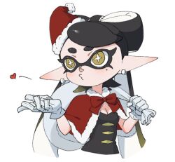 Rule 34 | 1girl, bag, black dress, black hair, blowing kiss, bow-shaped hair, breasts, bright pupils, callie (splatoon), capelet, christmas, cleavage, commentary request, dress, earrings, fur-trimmed capelet, fur trim, gloves, hair intakes, hat, heart, holding, holding bag, holding sack, hoop earrings, inkling, jewelry, long hair, minato yodaka, mole, mole under eye, nintendo, pointy ears, puckered lips, red capelet, sack, santa hat, small breasts, solo, splatoon (series), splatoon 1, star-shaped pupils, star (symbol), strapless, strapless dress, symbol-shaped pupils, tentacle hair, thick eyebrows, upper body, white bag, white gloves, yellow eyes