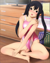 Rule 34 | 1girl, absurdres, barefoot, black hair, blush, book, breasts, brown eyes, collarbone, embarrassed, feet, full body, highres, k-on!, kyoto animation, legs, long hair, looking at viewer, nakano azusa, open mouth, sitting, small breasts, solo, swimsuit, television, thighs, toes, twintails, yadokari genpachirou