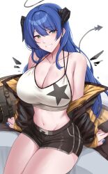 Rule 34 | 1girl, absurdres, arknights, arm support, bare shoulders, black shorts, blue eyes, blue hair, blue nails, breasts, camisole, cleavage, commentary, crop top, demon horns, demon tail, grin, halo, highres, horns, kanta (kanta 077), large breasts, long hair, looking at viewer, midriff, mostima (arknights), nail polish, navel, off shoulder, official alternate costume, short shorts, shorts, sitting, smile, solo, spaghetti strap, star (symbol), star print, stomach, tail, thighs, very long hair, white background