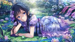 Rule 34 | 1girl, artist request, black hair, blue eyes, blue gloves, blush, bow, closed mouth, day, dress, flower, frog, gloves, hair ornament, half updo, head rest, head tilt, idolmaster, idolmaster million live!, idolmaster million live! theater days, leaf, lily pad, long hair, looking at viewer, lotus, lying, mogami shizuka, official art, on stomach, outdoors, short sleeves, smile, solo, sunflower, sunlight, water, wet, wet clothes