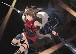 Rule 34 | 1girl, animal ears, arknights, bandaid, bandaid on arm, black jacket, black skirt, brown hair, chest strap, closed mouth, cutter (arknights), dated, expressionless, foot out of frame, fox ears, fox tail, hair ornament, hairclip, highres, holding, holding sword, holding weapon, hood, hood down, hooded jacket, jacket, knee pads, long sleeves, looking at viewer, medium hair, off shoulder, outstretched arms, red eyes, red shirt, shirt, signature, skirt, sleeveless, sleeveless shirt, socks, solo, spread arms, sword, tail, thigh strap, topknot, turtleneck, weapon, white socks, x hair ornament, yumero, zoom layer