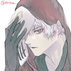 Rule 34 | 1boy, bad id, bad pixiv id, black gloves, collarbone, crack, cracked mask, gloves, holding, holding mask, hood, hood up, league of legends, looking at viewer, male focus, mask, unworn mask, parted lips, portrait, red eyes, shihpa, simple background, solo, twitter username, upper body, white background, white hair, zed (league of legends)