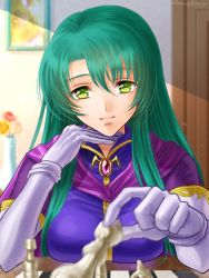Rule 34 | 1girl, armor, bad id, bad twitter id, blurry, board game, breast rest, breasts, brooch, cape, cecilia (fire emblem), chess, chess piece, chessboard, depth of field, elbow gloves, fire emblem, fire emblem: the binding blade, gem, gloves, green eyes, green hair, hanasaki komugi, holding, jewelry, lips, long hair, looking at viewer, medium breasts, nintendo, sidelocks, smile, solo