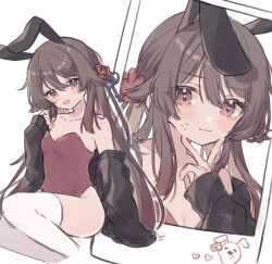 Rule 34 | 1girl, absurdres, animal ears, black cardigan, blush, boo tao (genshin impact), breasts, brown hair, cardigan, fake animal ears, flower, flower in eye, genshin impact, hair flower, hair ornament, highres, hu tao (genshin impact), leotard, long hair, multiple views, off shoulder, open mouth, photo (object), rabbit ears, red eyes, red flower, red leotard, roku 6, simple background, small breasts, smile, sweat, symbol in eye, thighhighs, twintails, very long hair, white background, white thighhighs