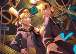 Rule 34 | 1boy, 1girl, aryuma772, backwards hat, baseball bat, baseball cap, blonde hair, blue eyes, blurry, blurry background, bow, brother and sister, caution tape, chain, chain-link fence, chain necklace, depth of field, dutch angle, fence, hair bow, hand on own hip, hat, headphones, highres, holding, holding baseball bat, holding lead pipe, holding smoking pipe, holding weapon, hood, hoodie, industrial pipe, jewelry, kagamine len, kagamine rin, lead pipe, long sleeves, looking at viewer, looking back, necklace, rettou joutou (vocaloid), sailor collar, short hair, short ponytail, siblings, sign, smile, smoking pipe, twins, vocaloid, weapon, yellow neckwear