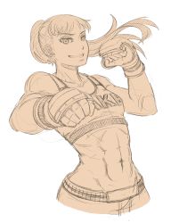 Rule 34 | 1girl, abs, biceps, breasts, clenched hands, drawfag, fighting stance, grin, highres, ishido natsuo, long hair, mixed martial arts, monochrome, muscular, muscular female, navel, sketch, small breasts, smile, solo, sports bra, teppu, toned
