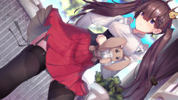 Rule 34 | 1girl, absurdres, ahoge, black thighhighs, breasts, brown hair, closed mouth, crown, dress, dutch angle, earrings, garter straps, hair between eyes, hair ornament, hairclip, highres, jewelry, leaning to the side, long hair, medium breasts, original, plant, pleated skirt, purple eyes, red skirt, scallion15, skirt, sky, solo, stuffed animal, stuffed toy, thighhighs, twintails