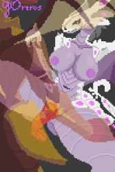 Rule 34 | absurdres, arm up, armpits, bakugan, breasts, colored skin, dragon, dragon girl, furry, furry female, gortros, highres, large breasts, missionary, pixel art, purple skin, red skin, scales, sex, white skin, winged arms, wings, wyvern