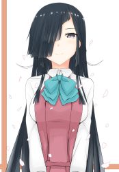 Rule 34 | 1girl, black hair, cherry blossoms, closed mouth, collared shirt, commentary, commentary request, grey eyes, hair over one eye, hair ribbon, halterneck, hayashimo (kancolle), kantai collection, long hair, looking at viewer, ootori subaru, ribbon, school uniform, shirt, sidelocks, smile, solo, tagme, very long hair, white shirt