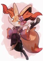 Rule 34 | 1girl, animal ear fluff, animal ears, animal nose, artist name, black fur, blush, body fur, border, braixen, closed mouth, clothed pokemon, creatures (company), detached sleeves, female focus, flat chest, flower, fox ears, fox girl, fox tail, from side, full body, furry, furry female, game freak, gen 6 pokemon, hair flower, hair ornament, hands up, happy, highres, ikei, japanese clothes, kimono, long sleeves, looking back, multicolored fur, neck fur, nintendo, outside border, pokemon, pokemon (creature), purple flower, purple kimono, purple sleeves, red background, red eyes, red trim, redrawn, signature, simple background, sleeveless, sleeveless kimono, smile, snout, solo, standing, stick, tail, white border, white fur, wide sleeves, yellow fur