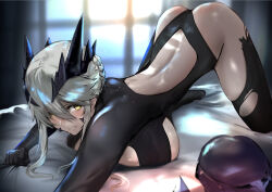 Rule 34 | 1girl, all fours, artoria pendragon (fate), artoria pendragon (lancer alter) (fate), ass, back, back cutout, black bodysuit, blonde hair, bodysuit, braid, breasts, clothing cutout, fate/grand order, fate (series), french braid, hair between eyes, highres, horns, jikihatiman, large breasts, long hair, looking at viewer, revealing clothes, ribbed bodysuit, sidelocks, solo, thighs, yellow eyes