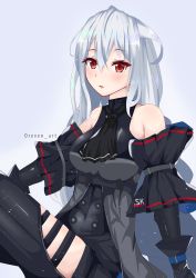 Rule 34 | 1girl, absurdres, arknights, artist name, ascot, bare shoulders, black ascot, black gloves, clothing cutout, commentary, gloves, grey background, hair between eyes, highres, kitsun8, long hair, looking at viewer, no headwear, parted lips, red eyes, silver hair, skadi (arknights), skadi (elite ii) (arknights), solo, thigh cutout, thighs