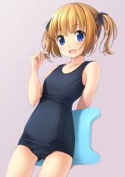 Rule 34 | 1girl, :d, bare arms, bare shoulders, black bow, black one-piece swimsuit, blonde hair, blue eyes, blush, bow, breasts, brown background, collarbone, commentary request, fang, hair bow, hand up, highres, kickboard, looking at viewer, old school swimsuit, one-piece swimsuit, open mouth, original, ruffling hair, school swimsuit, shibacha, simple background, small breasts, smile, solo, swimsuit, twintails