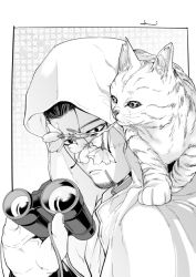 Rule 34 | 1boy, animal, animal on shoulder, binoculars, black eyes, black hair, cape, cat, closed mouth, collar, collared jacket, commentary request, facial hair, facial scar, flower, framed, goatee, golden kamuy, greyscale, hair slicked back, hair strand, holding, holding binoculars, hood, hood up, hooded cape, imperial japanese army, jacket, long sleeves, looking down, male focus, military, military uniform, monochrome, nakamura mami, ogata hyakunosuke, scar, scar on cheek, scar on face, short hair, signature, simple background, solo, stubble, uniform, upper body, white background, white cape