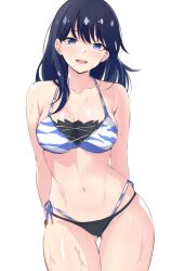 Rule 34 | 1girl, absurdres, bikini, black hair, blue eyes, breasts, collarbone, commentary request, gluteal fold, gridman universe, highres, large breasts, latte, long hair, looking at viewer, multicolored bikini, multicolored clothes, navel, open mouth, side-tie bikini bottom, smile, solo, ssss.gridman, stomach, swimsuit, takarada rikka, thigh gap, wet, white background