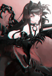 Rule 34 | 10s, 1girl, abyssal ship, bare shoulders, black bow, black dress, black hair, blurry, bow, chain, choker, chromatic aberration, claws, depth of field, dress, gauntlets, glowing, glowing eyes, gothic lolita, hair bow, kantai collection, lolita fashion, long hair, red eyes, scanlines, seaplane tender princess, smile, solo, sw (2311550438), very long hair