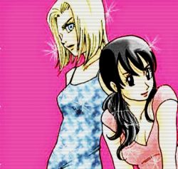 Rule 34 | 2girls, android 18, black hair, blonde hair, chi-chi (dragon ball), dragon ball, dragonball z, multiple girls, simple background, smile