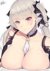 Rule 34 | 1girl, absurdres, areola slip, artist name, azur lane, band-width, bare shoulders, between breasts, breast press, breast rest, breasts, closed mouth, dress, earrings, formidable (azur lane), hair ribbon, head tilt, highres, huge breasts, jewelry, long hair, long sleeves, red eyes, ribbon, silver hair, simple background, solo, twintails, two-tone dress, two-tone ribbon, upper body, very long hair, white background